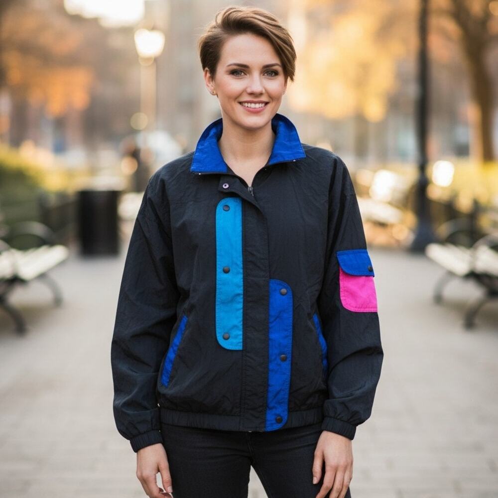 Vintage Bocoo Women’s Large Windbreaker Jacket Black Blue Pink Colorblock Y2K